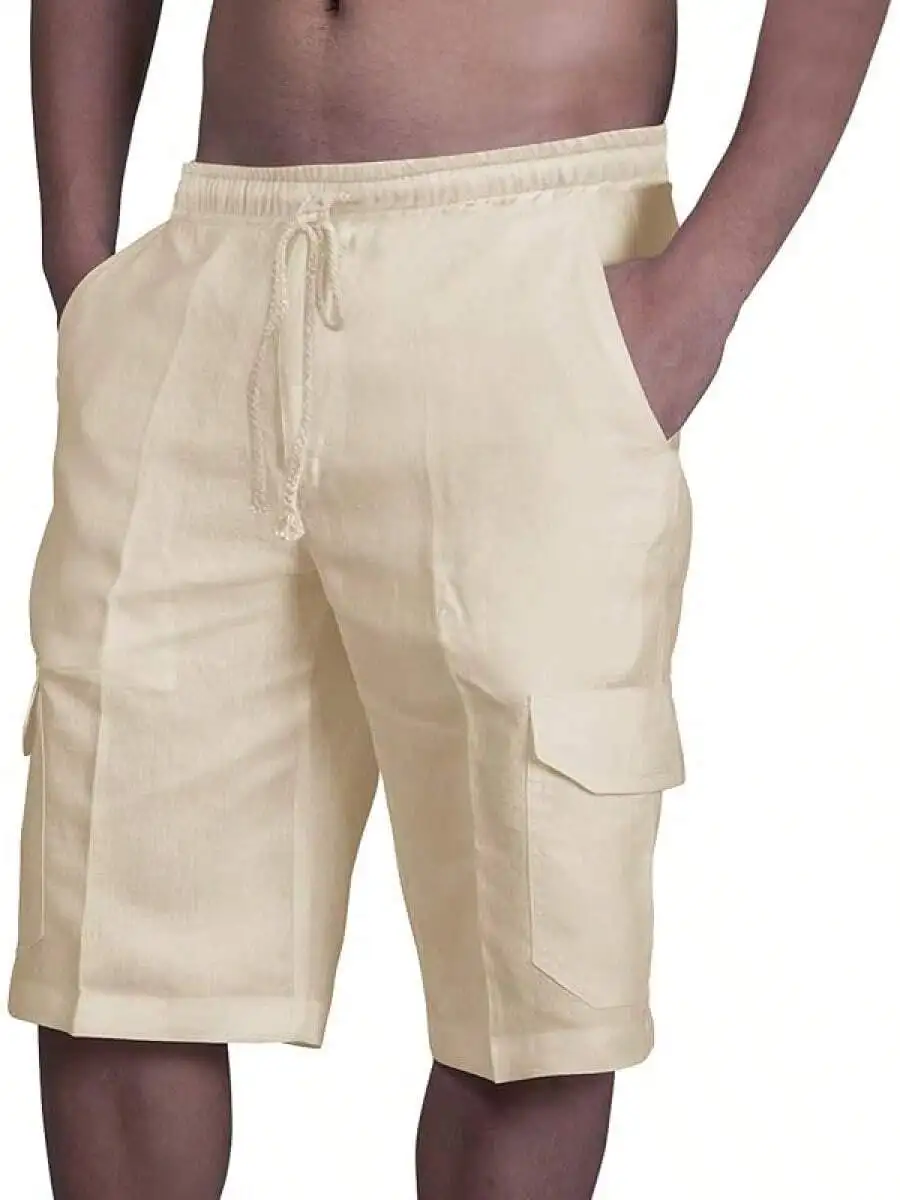 

Mens Linen Cotton Shorts Casual Elastic Waist Drawstring Summer Beach Vacation With Pockets