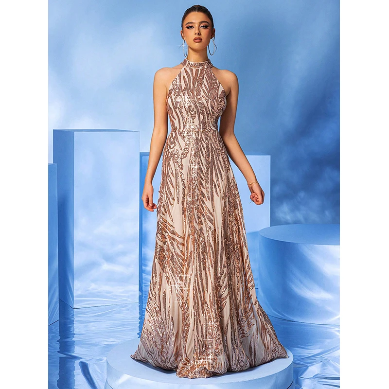 Summer Vestidos Women Sexy Halter Gold Sequined High Waist Elegant Cocktail Prom Evening Long Maxi Dresses Female Clothing