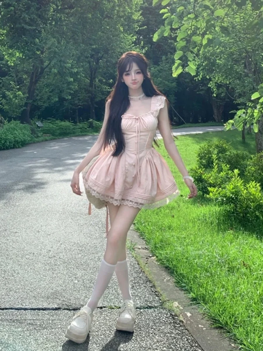 スイートバレエスタイルaラインピンクプリンセススカートデザインセンスボウタイスプライスレースドレス半袖ギャザーウエストドレス