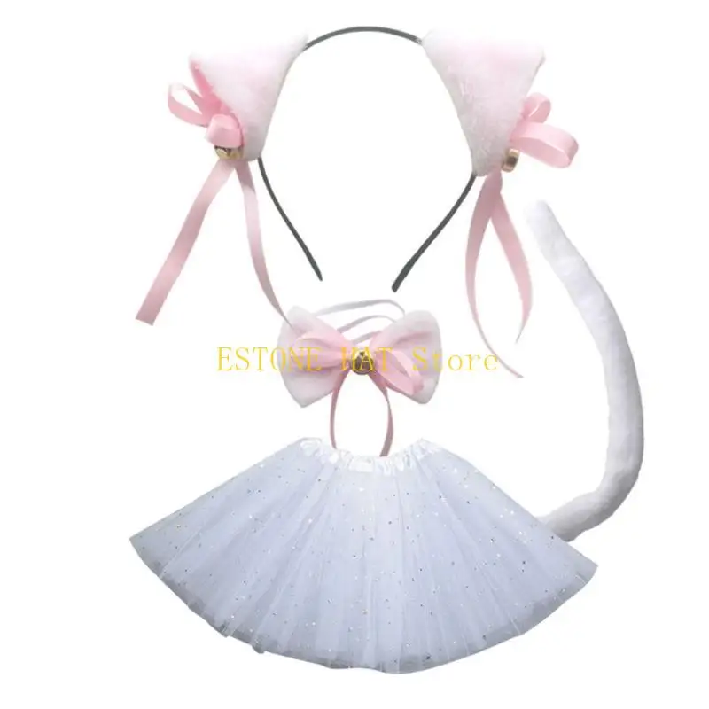 49MF Cats Roleplay Costume Set for Women Plush Ear Headbands/Collar/Tail/Paws Gloves Halloween Party Anime Props Clothing