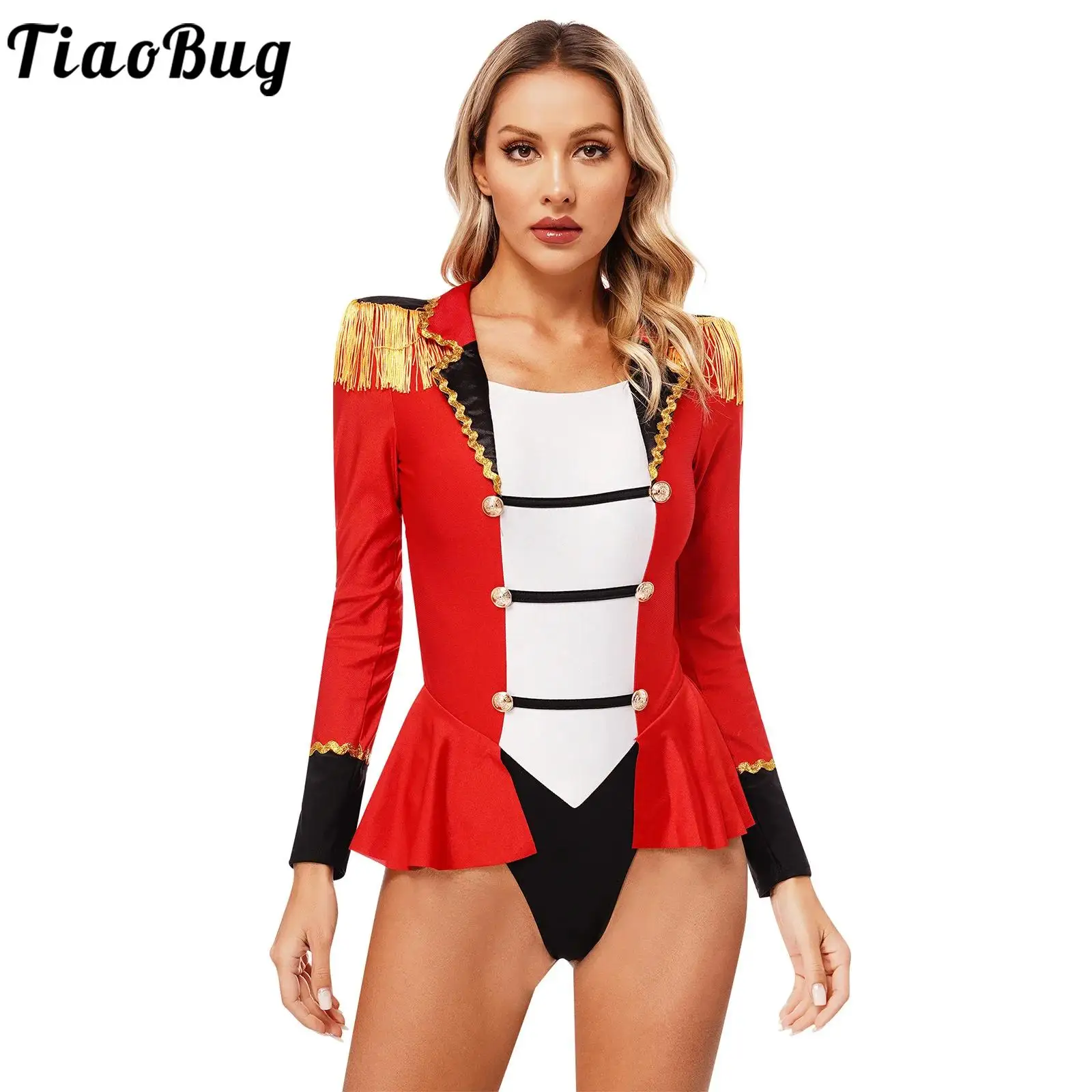 

Womens Ringmaster Fringed Bodysuit Dress Sexy Halloween Theme Party Showman Clothes Circus Role Play Romper Jumpsuit Clothing