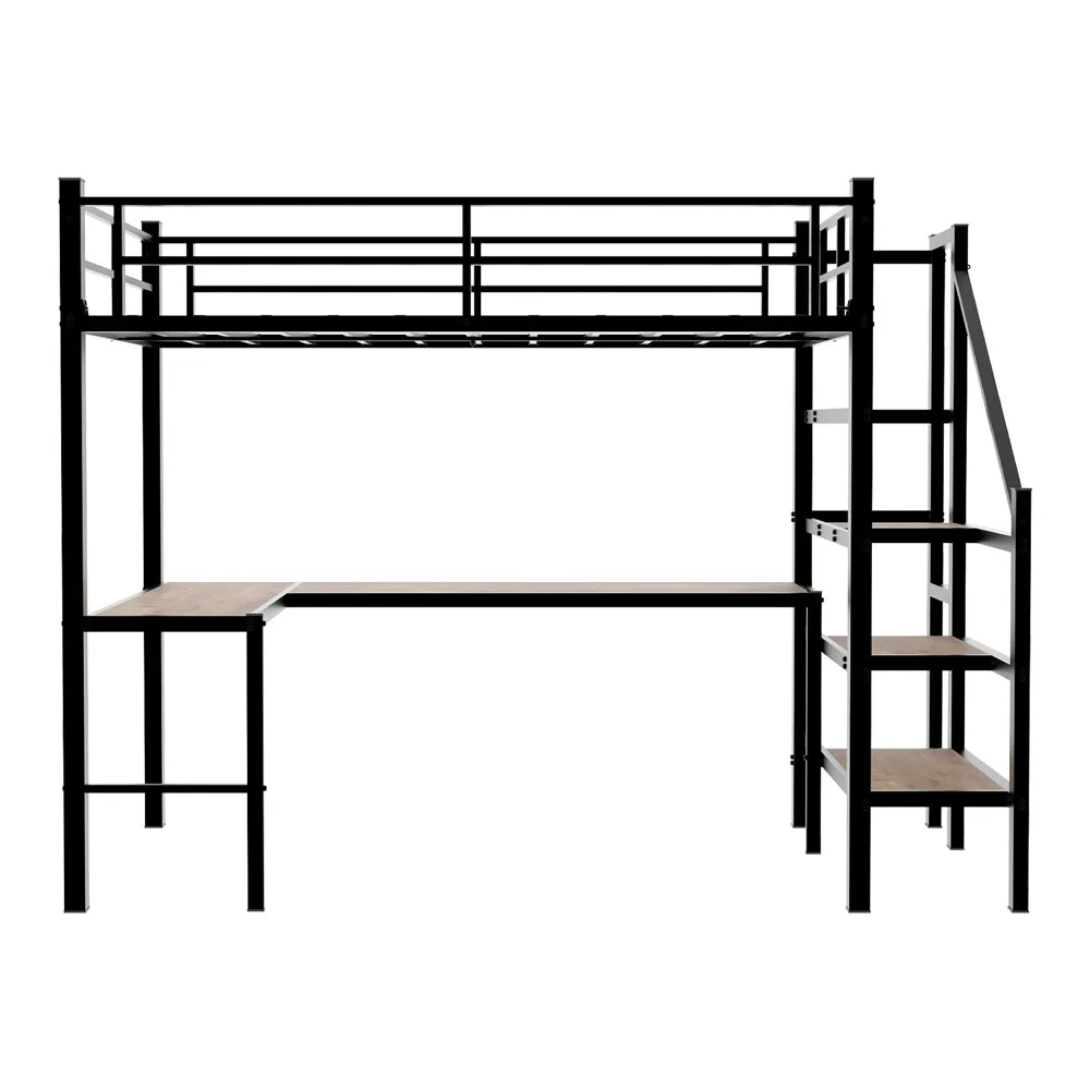 90x190cm Hohes Hochbettgestell mit L-förmigem Schreibtisch, platzsparendes Einzel-Hochbett mit Treppe, durchgehenden Sicherheitsgeländern, geräumigen Ablageflächen und Staufächern, stabiles Hochbett für Schlafzimmer, Teenager- und Erwachsenen-Schlafzimmermöbel – Detail 14
