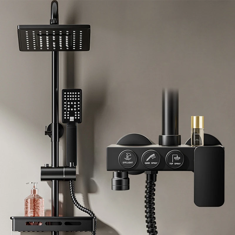 

black Brass Bath Shower Faucets bathroom rainfall shower Head 4 Functions Hot And Cold Shower Sets