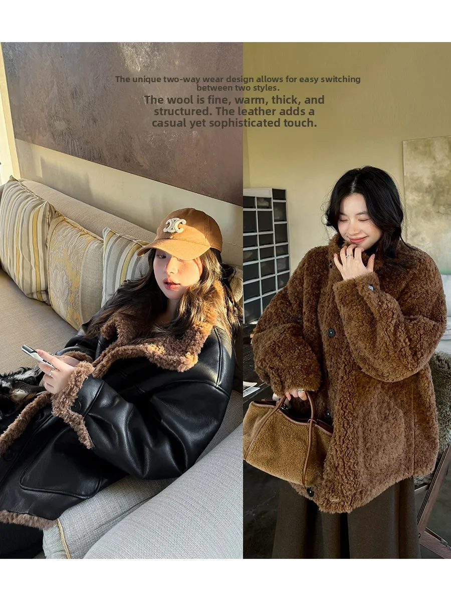 

Double-Sided Wear Thiened Woolen Fur Jaet Retro Inteated Leather And Fur Annel Forest Ladies' Commute Sle Coat