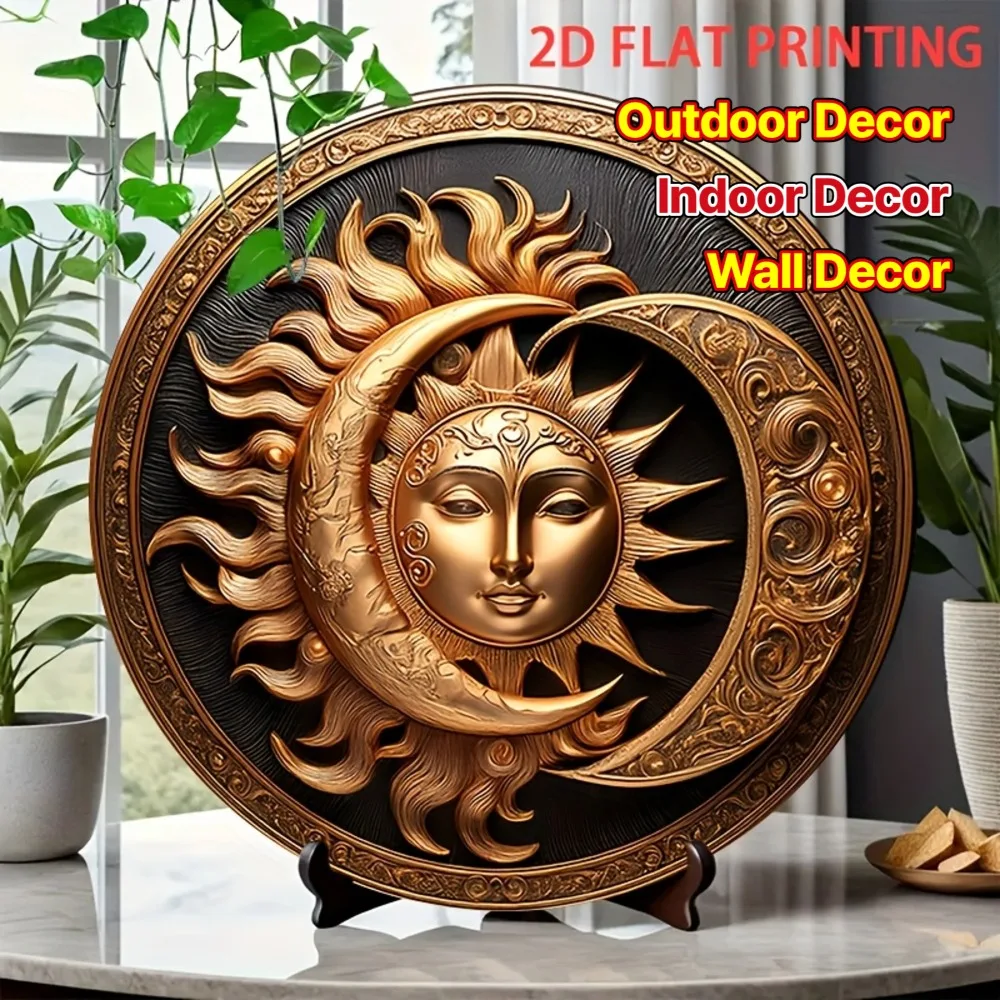 Vintage Mystical Sun and Moon 2D Flat High Definition Metal Wall Art Sign Bohemian Golden Celestial Face with Crescent Moon Embo