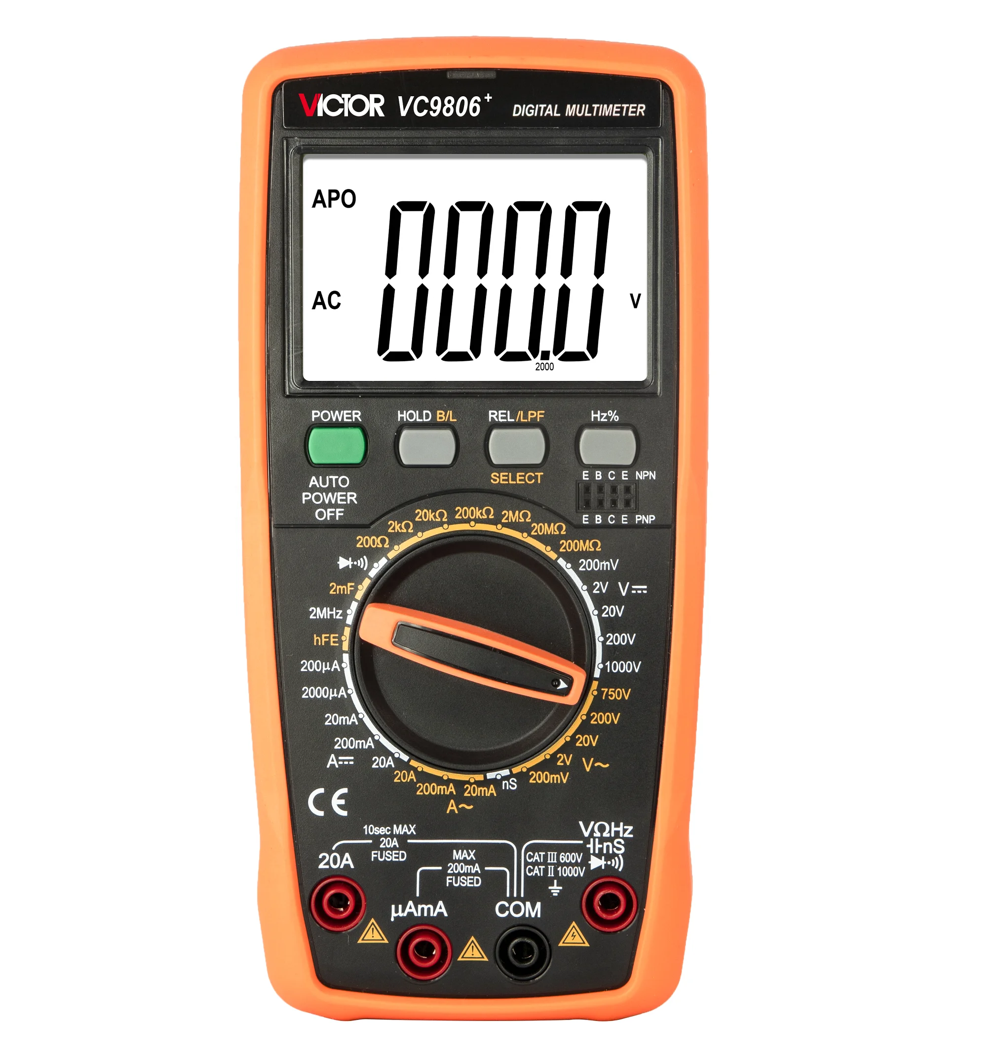 

VICTOR VC9806+ HIGH PRECISIONDIGITAL MULTIMETER Large screen backlit LCD display with a maximum display of 19999 4 1/2