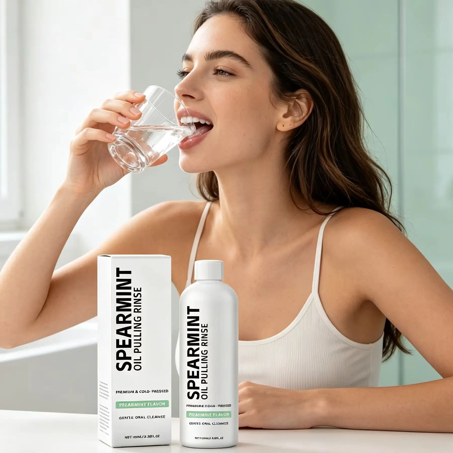 Spearmint Mouthwash Oil Pulling for Teeth Cleaning Fresh Breath Gum Health Refreshing Bad Breath Care Cold-Pressed Oral Rinse
