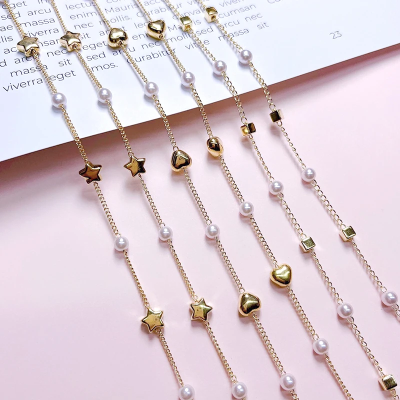 1meter Beaded Chain KC Gold Imitation Pearl CCB Heart Star Beads Copper Chain for Bracelets Necklace Jewelry Making DIY