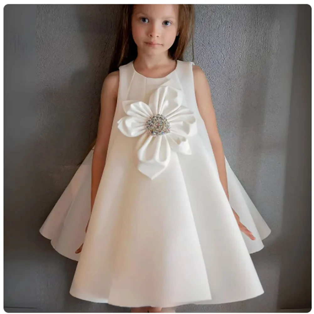 

White Flower Girl Dress Elegant Handmade Flowers Princess Baby Kids Wedding Birthday Party Gown First Communion