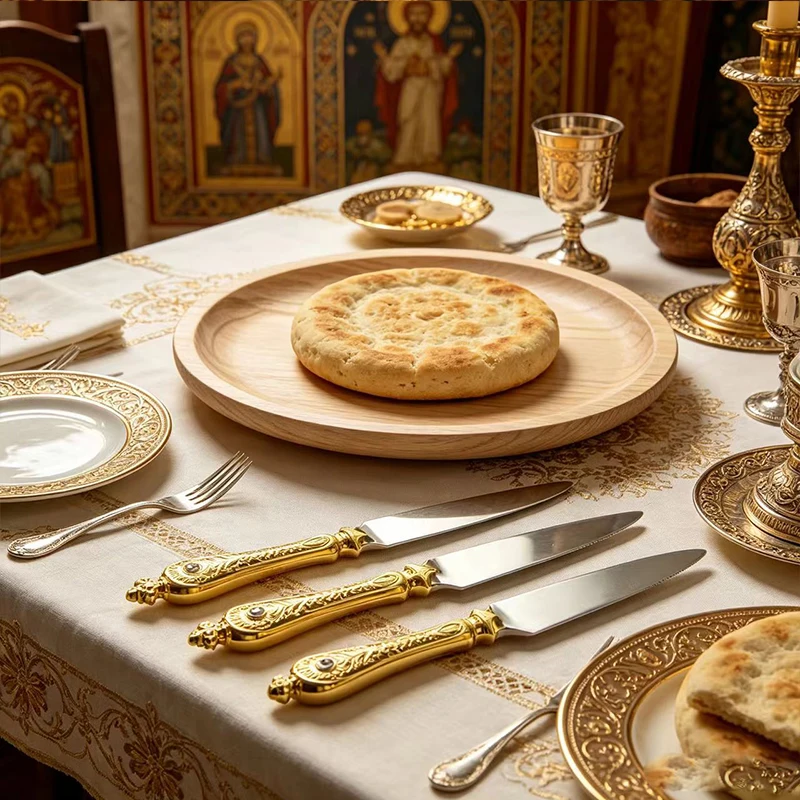 Orthodoxes Liturgie-Speerset mit 18cm Holztablett, Heilige Lanze, Prosphora-Kopie, Vergoldeter Holzgriff, Kirchenaltarwerkzeug, Geschenk – Detail 4