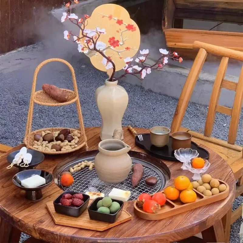 

Old Elm Furnace Tea Table Indoor Chinese Household Winter Table Grill Set Patio BBQ Table and Chairs