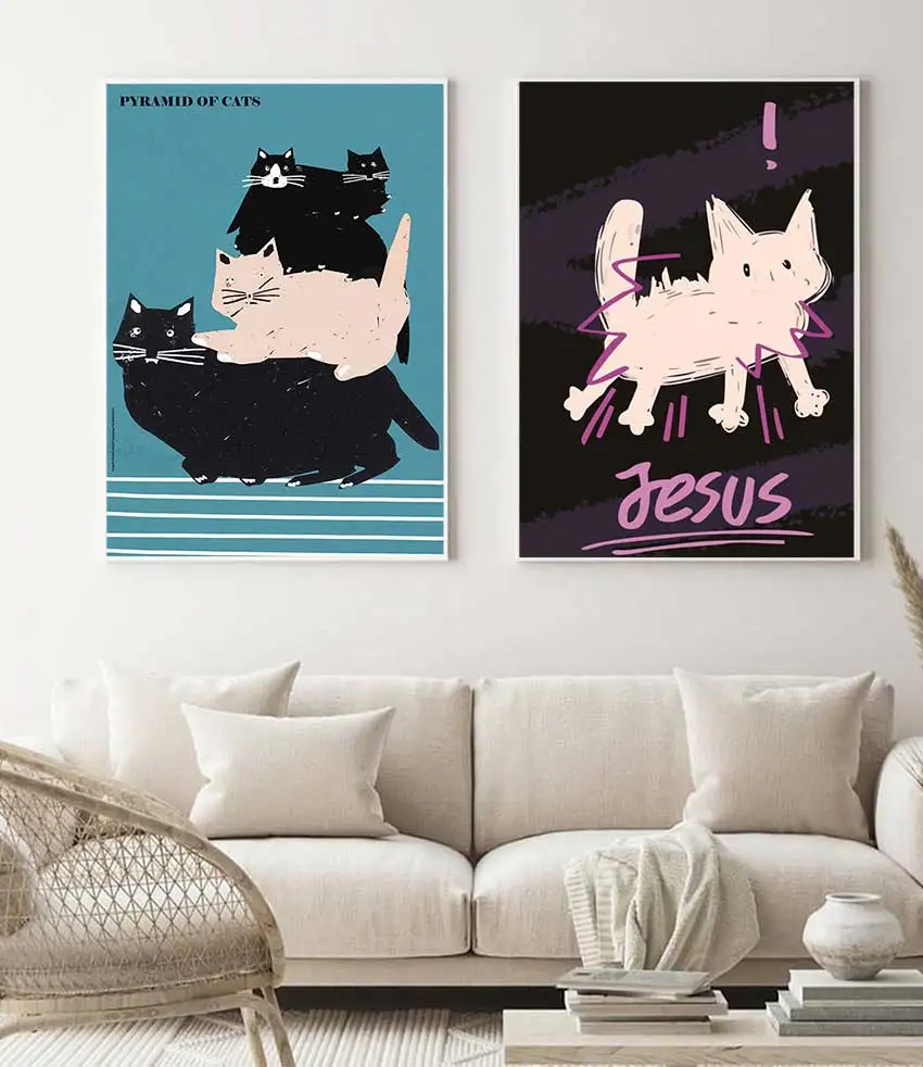 Pyramid Of Cats Poster And Print Old Polish Poster Wall Art Four Cats Are Stacked Canvas Painting For Living Room Decor Unframed