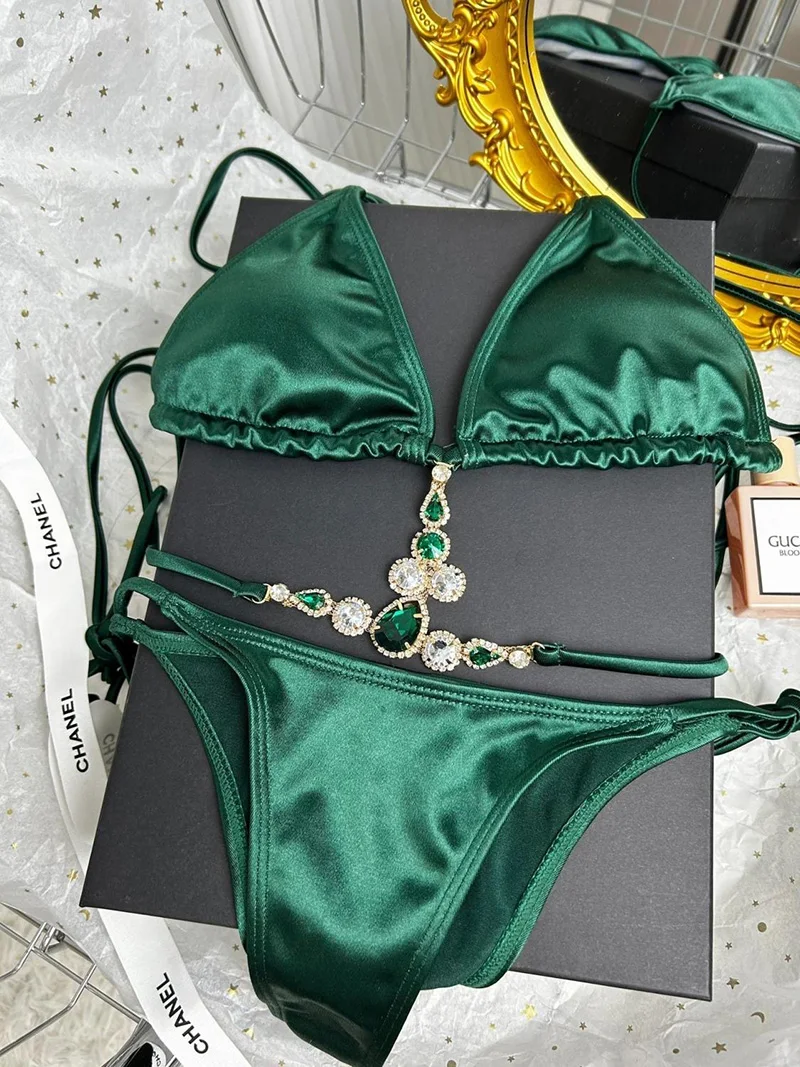 

Women Luxury Emerald Jewel Glossy Satin Bikini Set Sexy Deep-V Swimsuit Split Swimwear Bathing Suit Beach Clothes