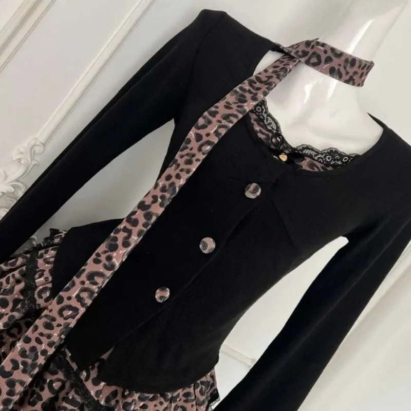 American Retro Leopard 2 Piece Set Sweet Hot Girl Slim Tops + Y2k Grunge Fashion Mini Skirt Vintage Streetwear Suit Chic