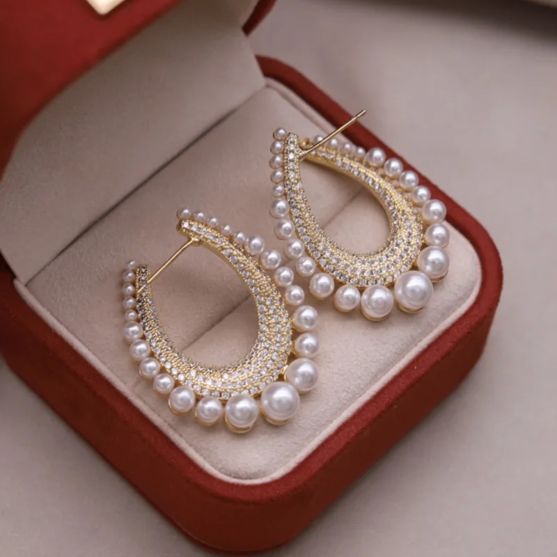 Korean new fashion jewelry 14K gold plated luxury U-shaped zircon pearl earrings elegant women's evening party accessories