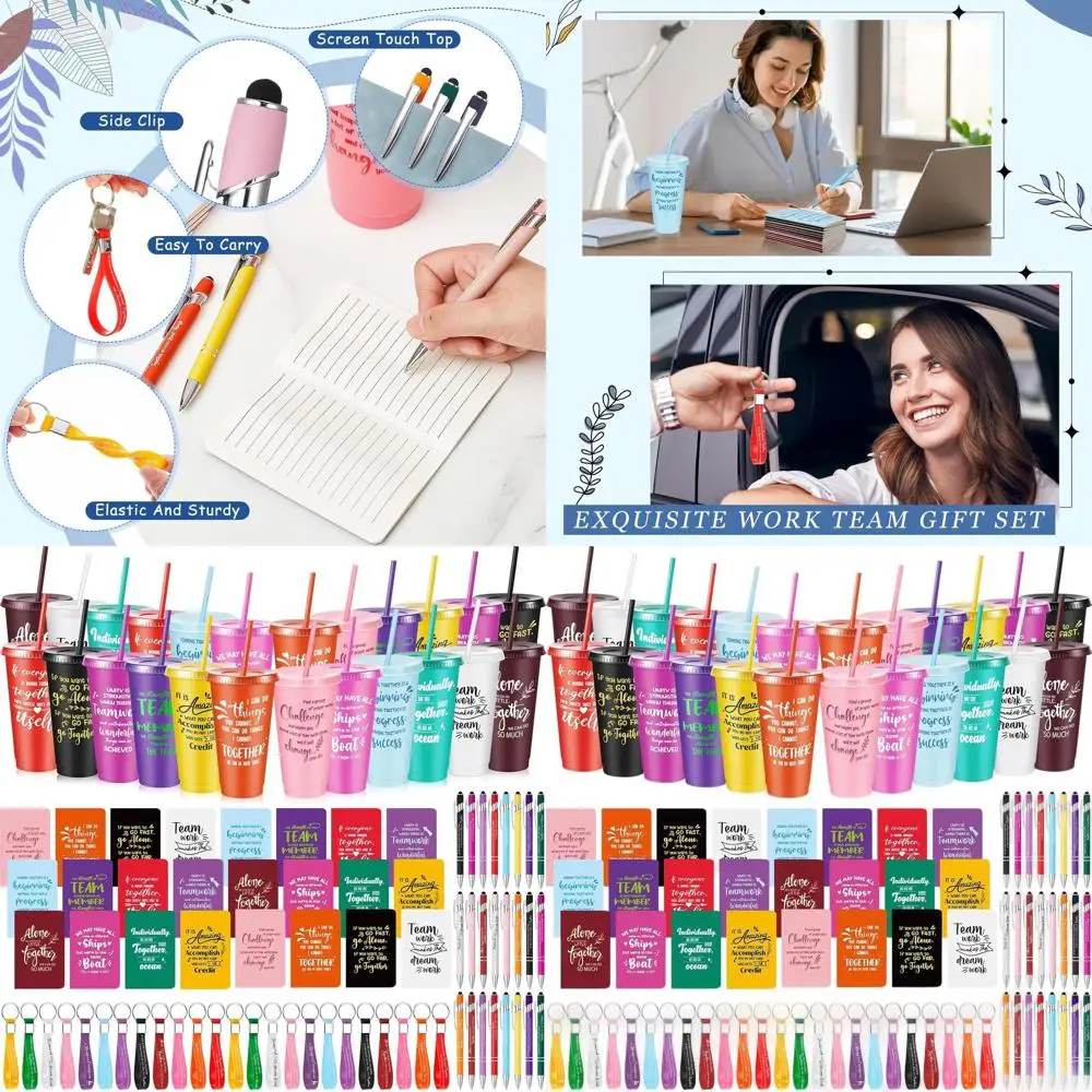 

Bulk Inspirational Cups with Lids & Straws, 24 oz, Notebooks, Ballpoint Pens, and Keychains - 96-Piece Team Appreciation Gifts f