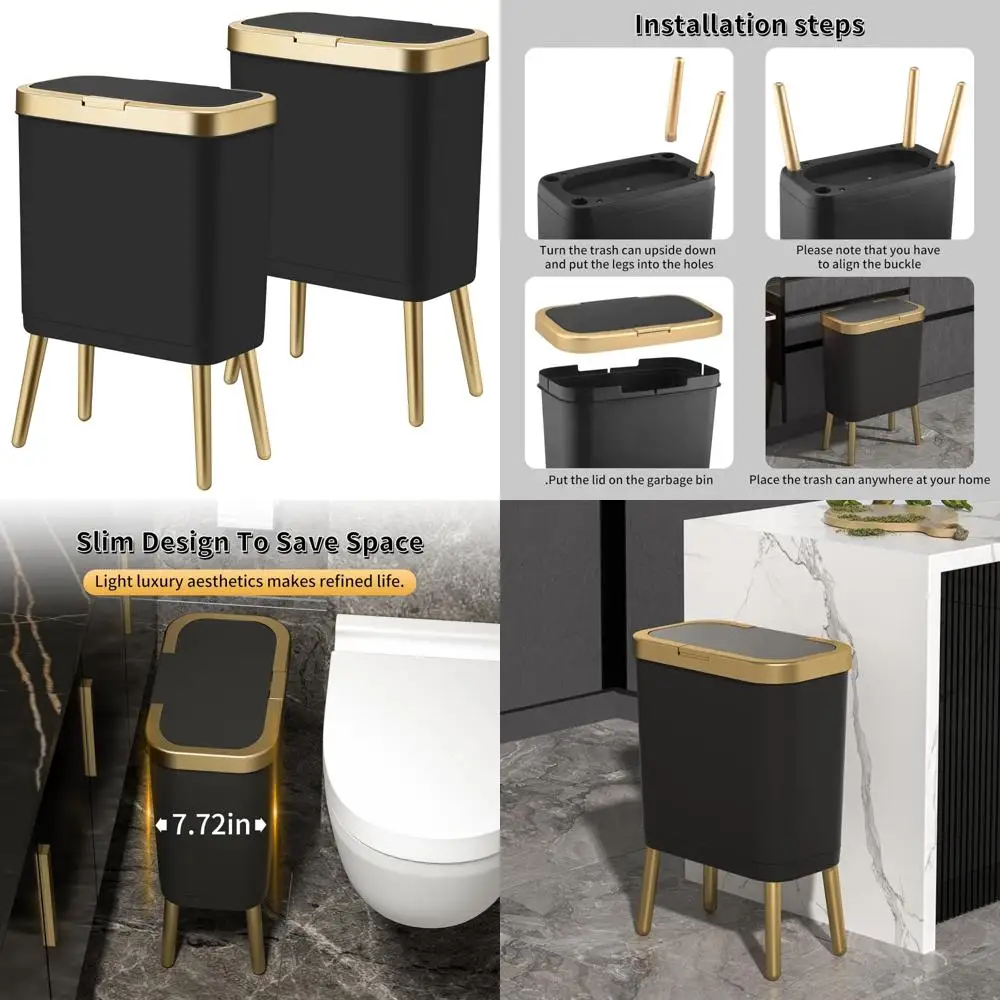 

4 Gallon Gold Bathroom Trash Can with Push Button Lid, Slim Design for Office and Home Use, Black Garbage Bin for Efficient Wast
