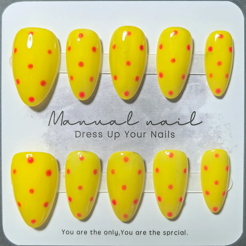 10pcs Almond Handmade Press on Nails Polka Dot Orange Blue Yellow Fuchsia Multicolor Acrylic False Nails Glossy Gel Manicure