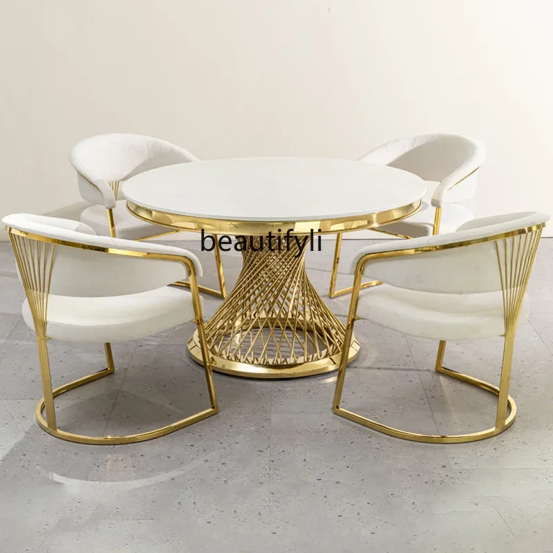 Light luxury marble round dining table Stainless steel European round dining table Customized eating table