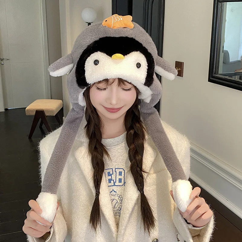 

Adult hat cartoon penguin winter new thickened thermal ear hat women's windproof pullover scarf two-piece set