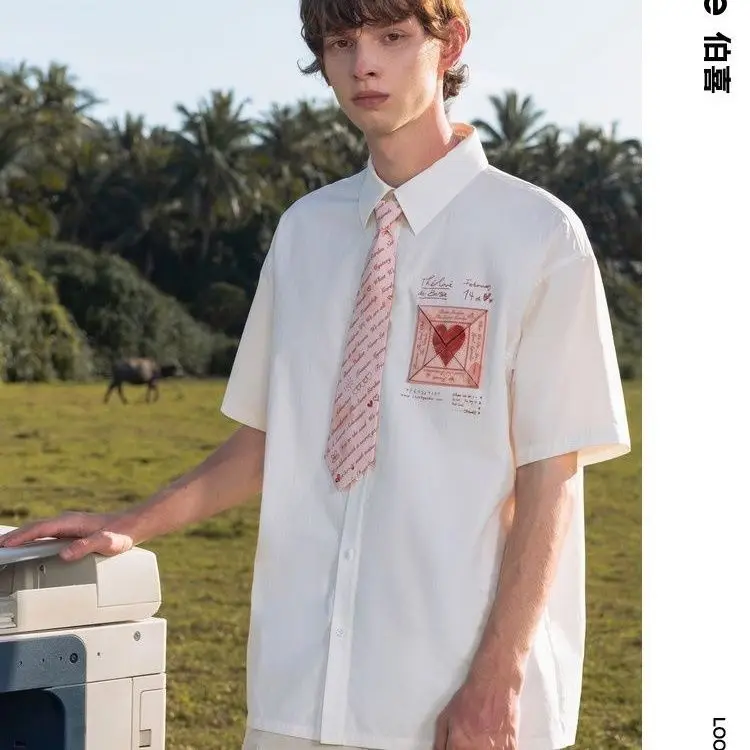 Japanese-style Casual Couple Tie Top New Loose Shirt Print Summer Short-sleeved Polo College Shirt