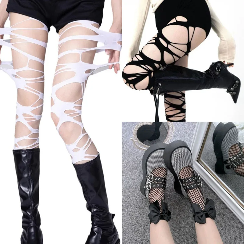 

Punk Y2K Hollow Out Stockings Women Sexy JK Lolita Tights Leggings Over The Knee Hosiery Broken Hole Fishnets Long Sock Female