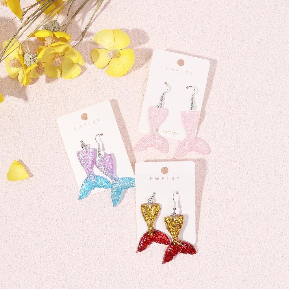 New Arrival Cute Glitter Mermaid tail Resin Earring For Women Girls Fish Tail Dangle Earrings Fairy Tale Ear Jewelry Gifts