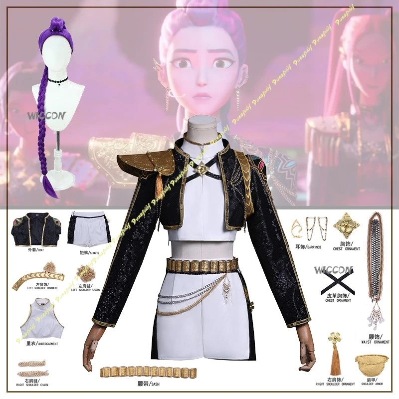 KPop Demon Hunters Costumi Cosplay Rumi Nero Abito da palcoscenico Cappotto Pantaloni Intimo Parrucca Accessorio Orecchino Cintura Natale Halloween