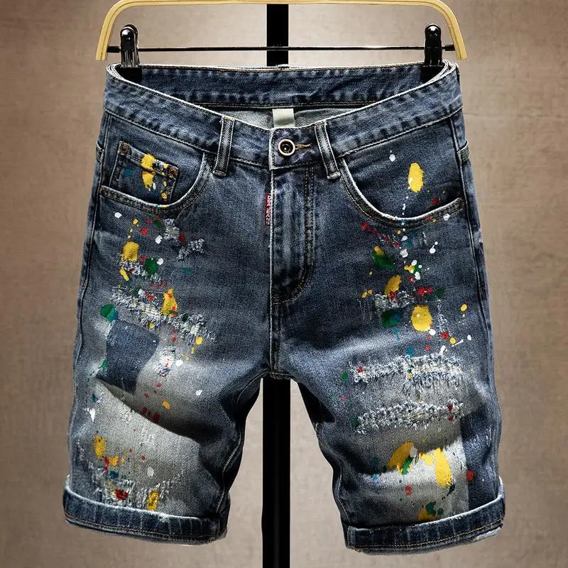 Beggar Ripped Denim Shorts Men's Summer Trendy Brand Ruffian Handsome Ink-splashing Elastic Washed Breeches Thin Short Pants