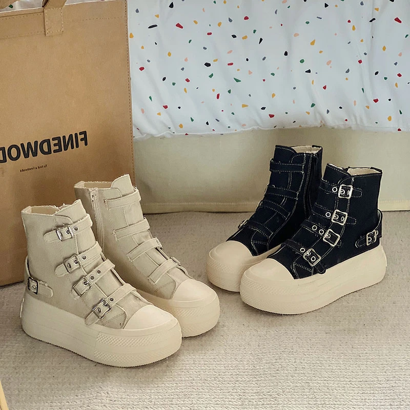 2024 New Trend Canvas Round Toe Thick Sole Platform Chunky Heels Women Sneakers Belt Buckle Zipper Fashion Western Punk Shoes