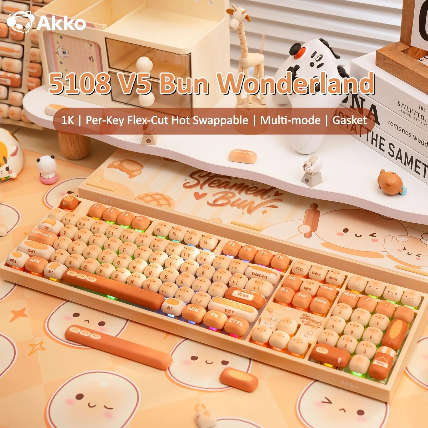 Akko 5108 V5 Mechanical Keyboard Bun Wonderland 100% Full Size 1K ARGB Hot Swap Type-C/2.4G&BT Wireless Custom Gaming Keyboard