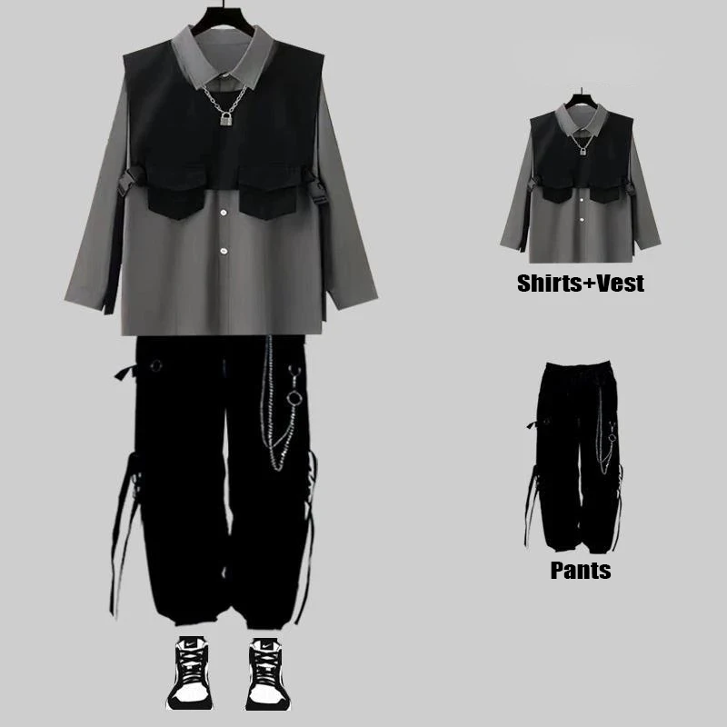 ARENS Techwear Men's Sets Black Cargo Pants Men's Shirt Kit Long Sleeve Shirts Korean Streetwear Hip Hop Harajuku Spring