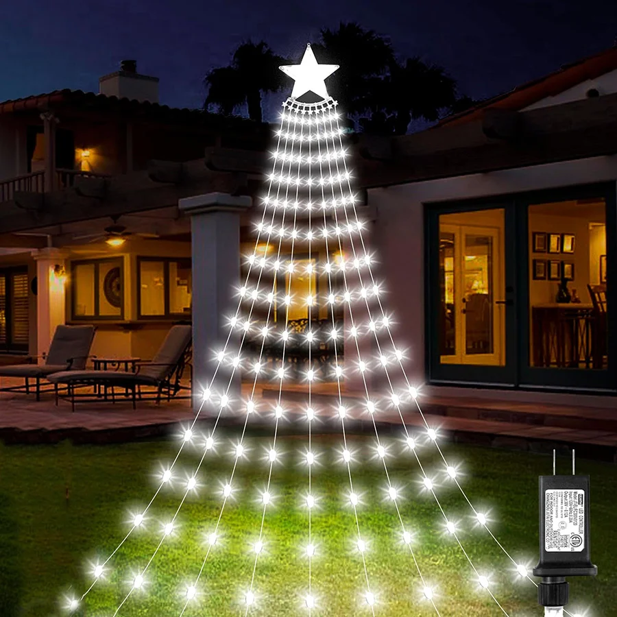 9X3M Christmas Tree Garland Icicle Lights  Outdoor 288 LED Waterfall Star String Light Christmas Tree Topper Star Fairy Light