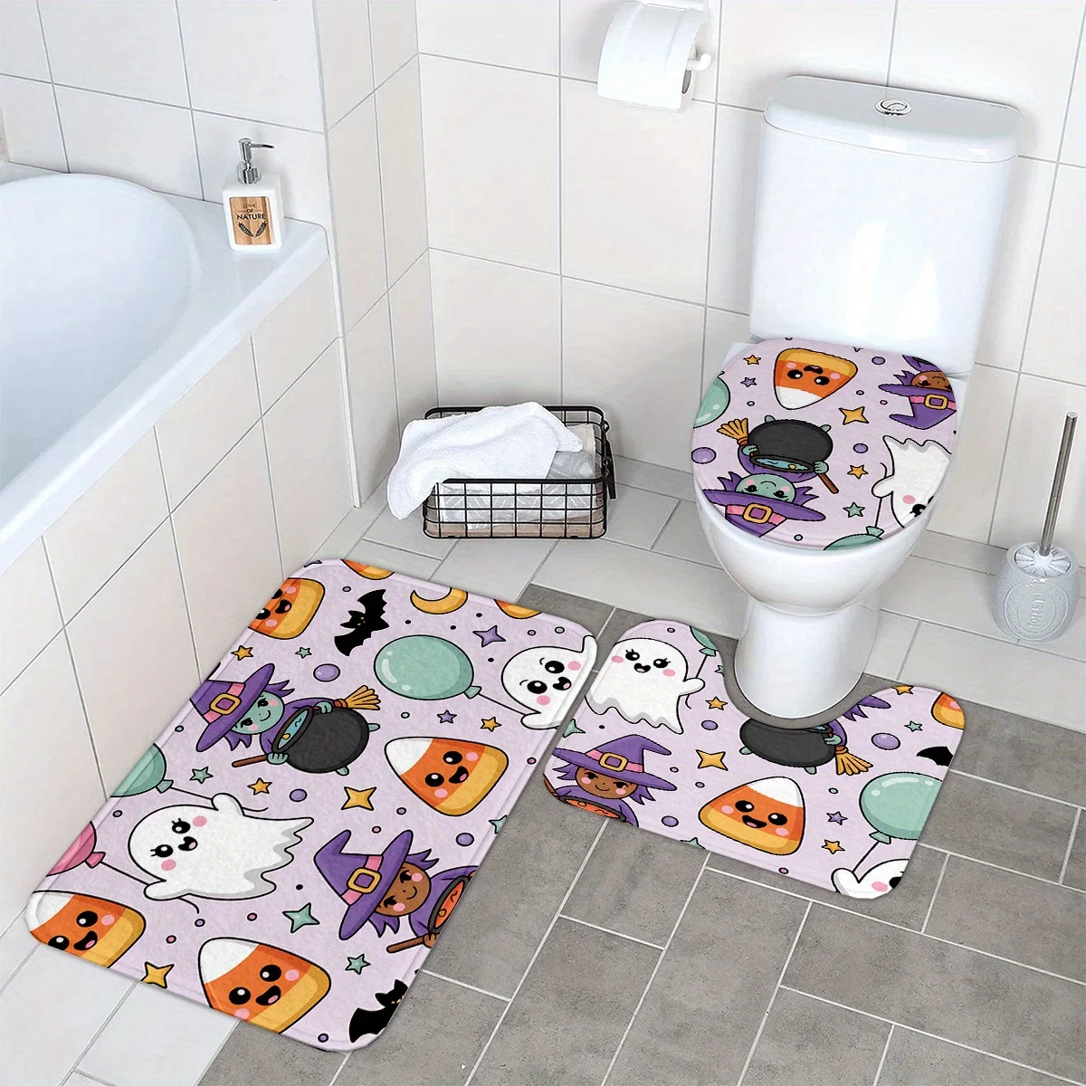 

3pcs Halloween Bathroom Rug Set - Spooky Ghosts, Witches, Bats & Pumpkins Non-Slip Soft Absorbent Polyester Mats with U-Shaped