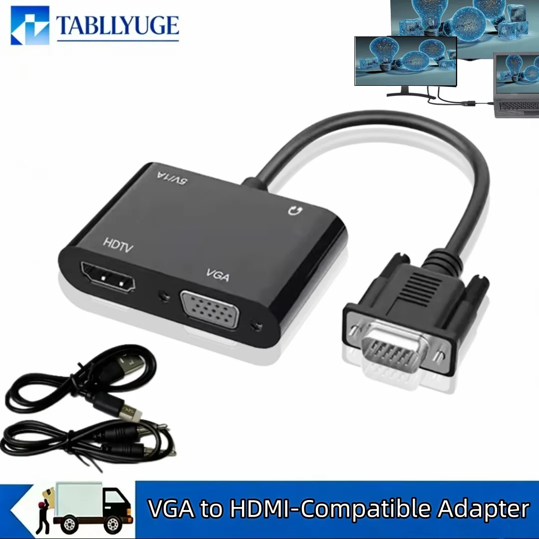 VGA to HDMI Compatible + VGA Dual Display Adapter 1 in 2 out Splitter Sterco 3.5mm 1080P Converter Suitable for Lenovo Laptops
