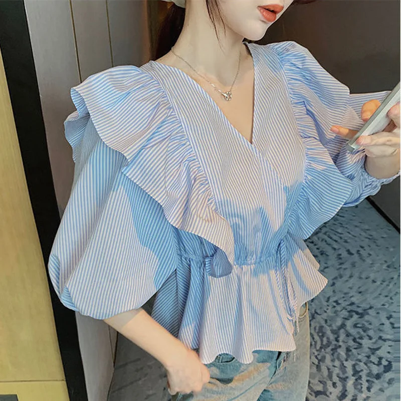 Elegant Ruffles Bandage Bow Shirring Striped Puff Sleeve Blouse Female Clothing 2023 Summer New Casual Pullovers Sweet Shirt