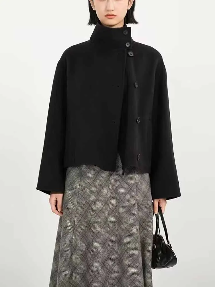 

New European and American style winter fashion women's loose-fitting, simple long-sleeved button-down stand-collar coat