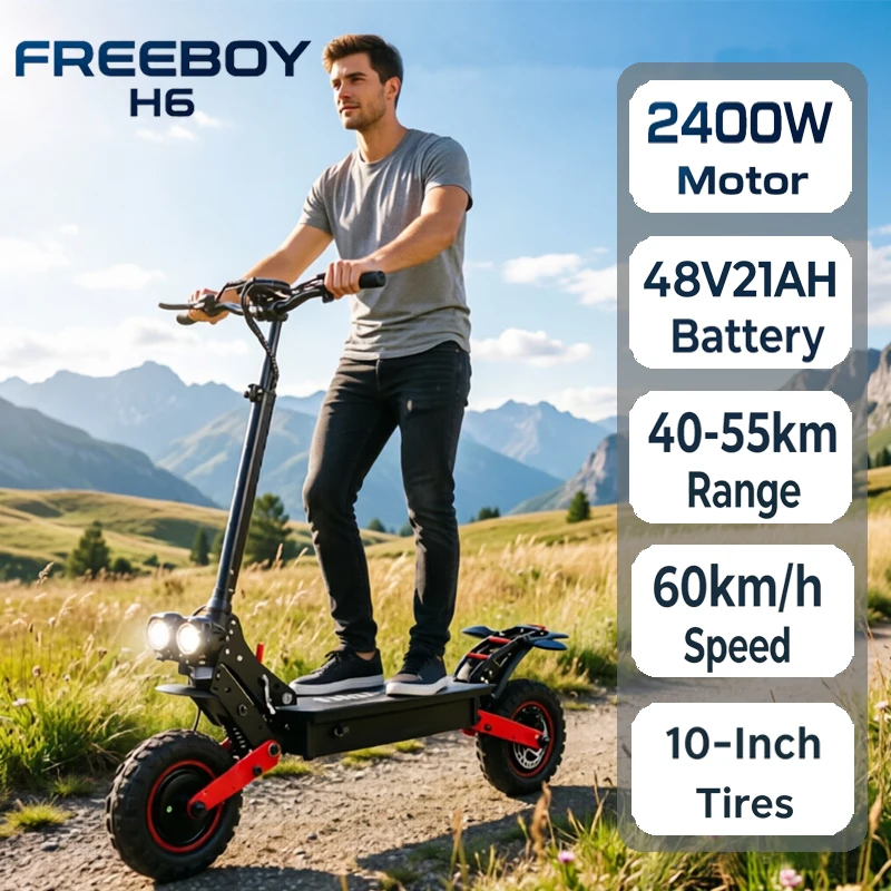 FREEBOY H6 Elektroroller 2400W Doppelmotor, 55 km Reichweite & 60 km/h Geschwindigkeit, 48V21AH Batterie, faltbarer Elektroroller, verbesserte doppelte hydraulische Scheibenbremsen,