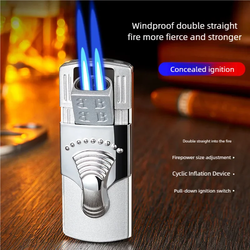 New windproof dual straight jet lighter with inflation and hidden innovative ignition port method, heat-resistant flamethrower,
