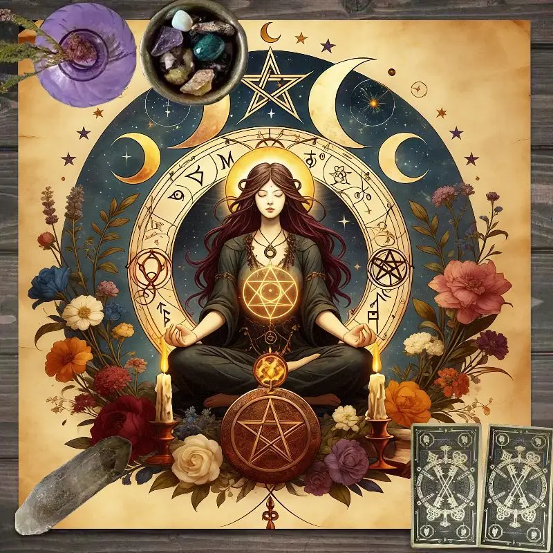 VIKAMA golden moon phase sacred geometry star witchcraft altar cloth divination board mat spiritual altar decor