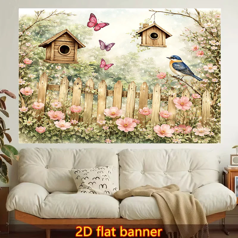 Charming Spring Floral Garden Wall Mural Tapestry Cottagecore Style Nature Decor Wallpaper Backdrop with Fence and Birdhouses fo