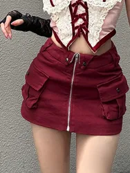 ADAgirl Sexy Red Zipper Mini Skirt Hotsweet High Street Pocket Cargo Skirt Korean Style Design High Waist Slim Skirts for Women