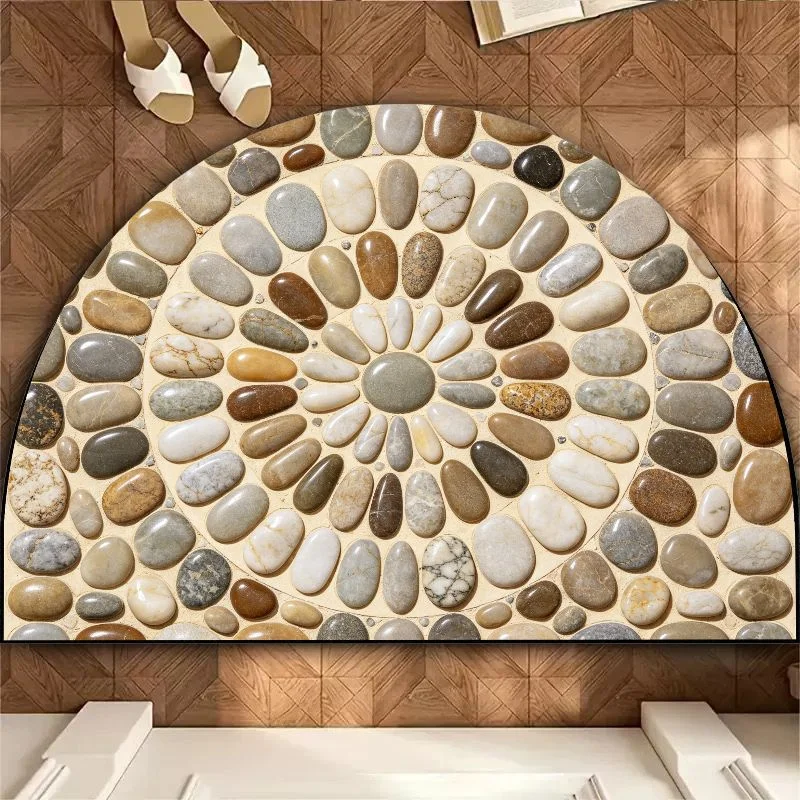 VIKAMA Semi-Circular Radiating Natural Pebble Visual Mat, Non-Slip Entrance Rug for Foyer & Bathroom, Organic Home Decor