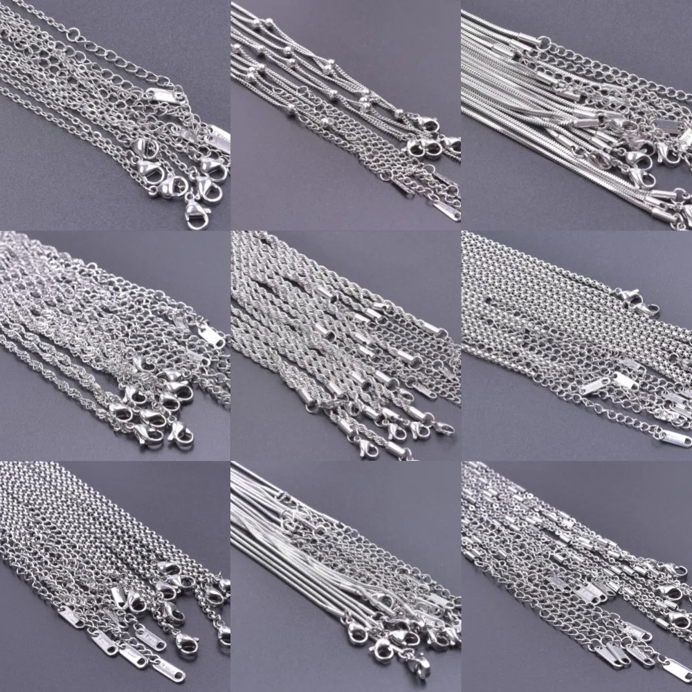 10 sztuk/partia stal nierdzewna 45cm regulowany łańcuszek naszyjnik dla kobiet mężczyzn łańcuszki DIY komponenty hurtownia 1.2/1.5/1.6/2/2.2/2.5/3mm
