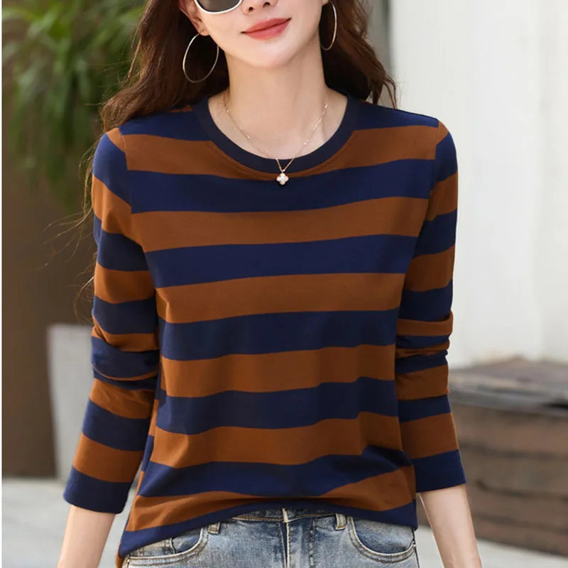 

Весенняя хлопковая полосатая футболка, повседневные базовые топы с длинными рукавами, винтажные повседневные футболки для женщин, модные свободные футболки с круглым вырезом