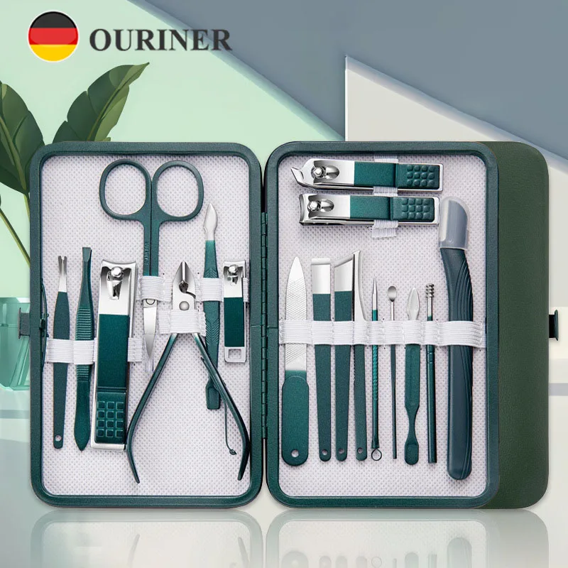 Ourineriner-7/10/12/18 pcs, manicure set, cortadores de unhas, profissional, aço inoxidável, ferramentas de cuidado do prego, com couro, para homem e mulher
