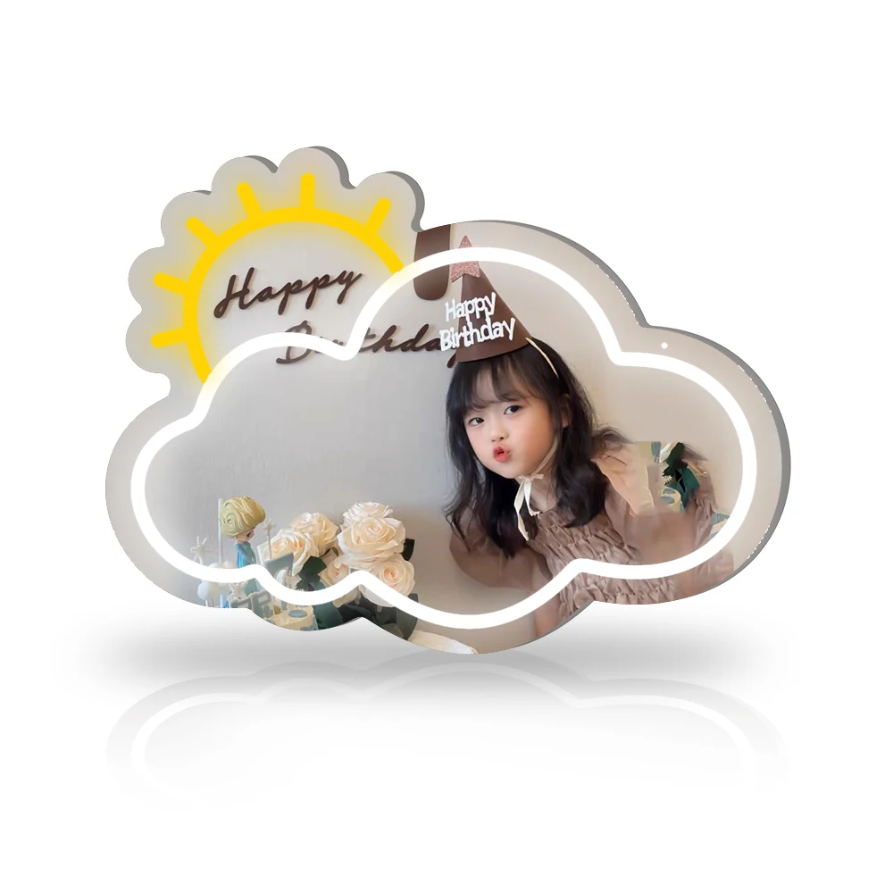 Cloud Neon Mirror Sign for Wall Decor, 16’’x12’’ USB Powered Dimmable LED Cloud and Sun Mirror Light Sign for Bedroom, Kids Room