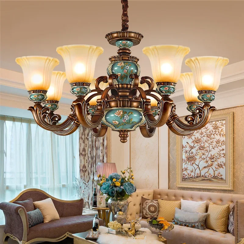 

European style bedroom light, living room resin chandelier, LED glass and iron art chandelier