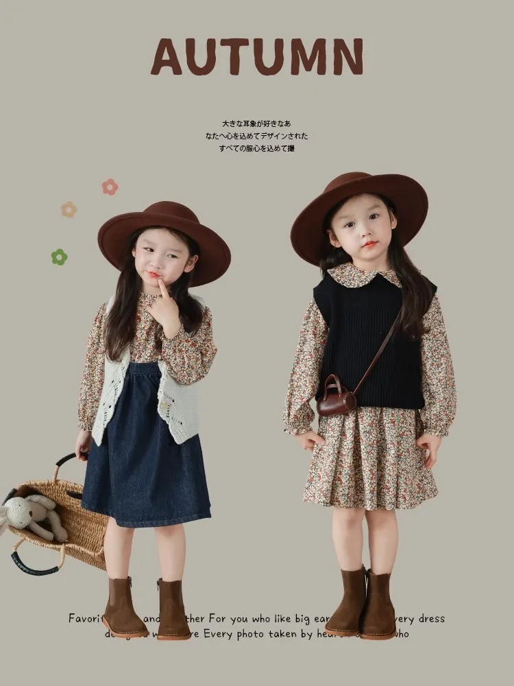 

2024 Vintage Floral Print Girls Dress Children Long Sleeve Girl Casual Dresses Cute O-Neck Children Dressed Sisters Matching Top