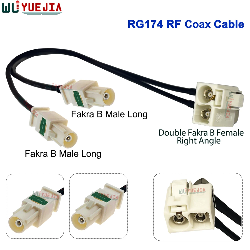RG-174 التوأم الأبيض فقرا B أنثى الزاوية اليمنى إلى فقرا B ذكر التوصيل و Fakra B أنثى وصلة مرفاع 50 أوم RF كابل محوري